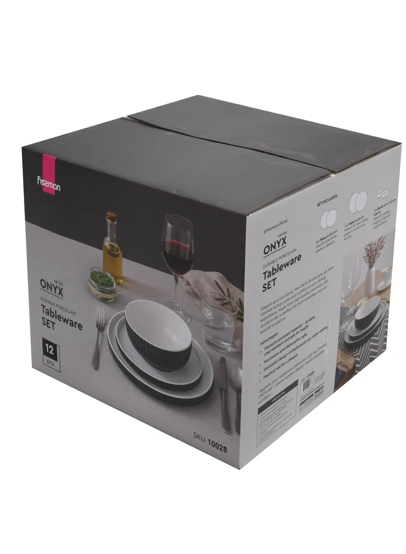 Fissman ONYX 12-Piece Porcelain Dinnerware Set | Perfect for Airbnb & Hotel Apartments | Minimalist Groove | Durable, Scratch & Chip Resistant | Microwave & Dishwasher Safe (ONYX)  | Best Price UAE